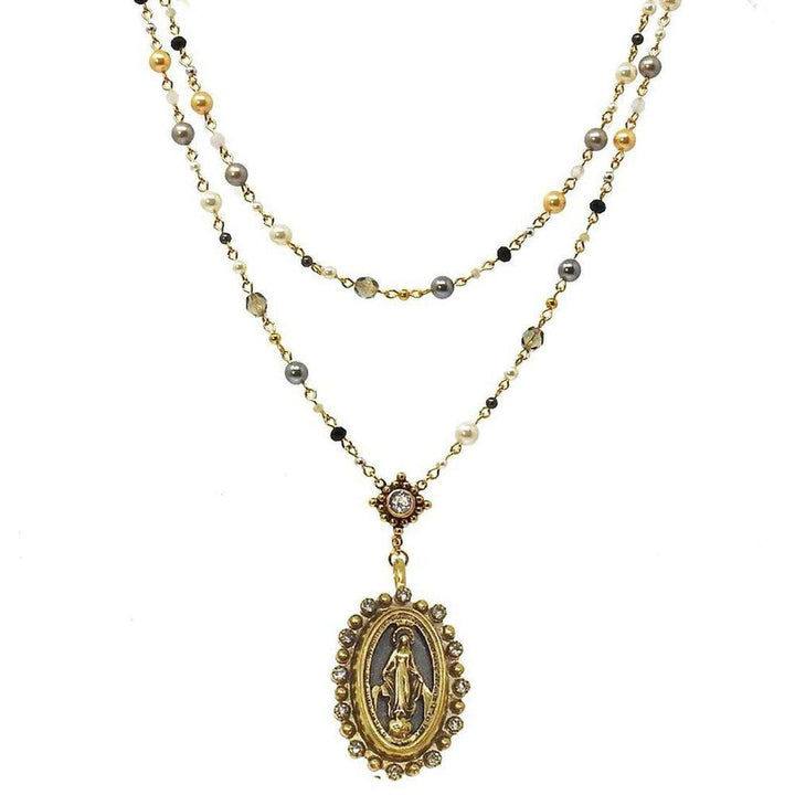 Double-strand pearl and gemstone rosary necklace with Virgin Mary pendant.