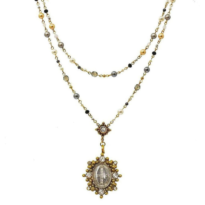 Lux Mixed Pearl Rosary necklace: Two-strand design with gold, pearl, and grey beads, featuring a detailed antique-style pendant.