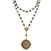Lux Turquoise Rosary: Double-strand necklace with green turquoise beads and gold accents, featuring a St. Christopher medal.