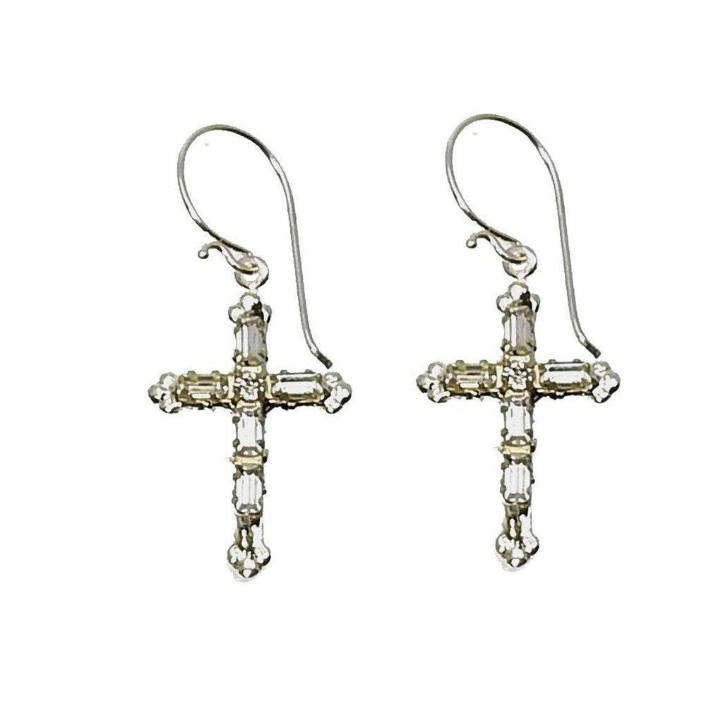 Silver cross earrings adorned with baguette-cut crystals.