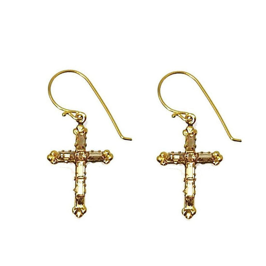Gold Madonna Cross earrings with sparkling crystal accents.