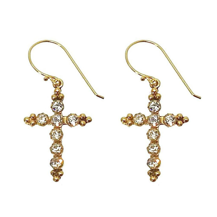 Gold cross earrings adorned with sparkling clear stones.
