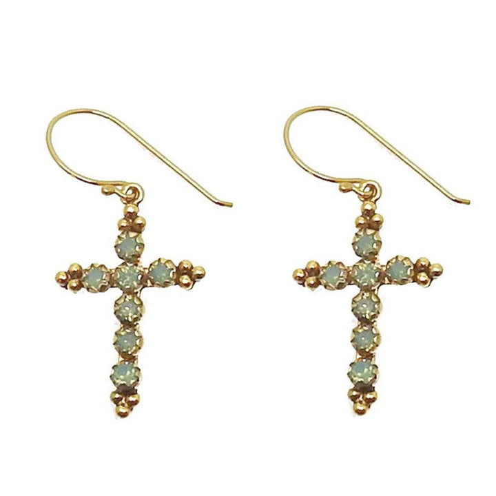Gold cross earrings with pale grey stones; delicate design.