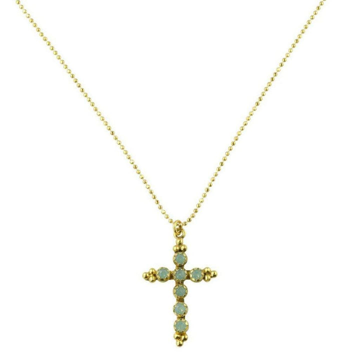 Gold chain necklace featuring a cross pendant adorned with light blue gemstones.