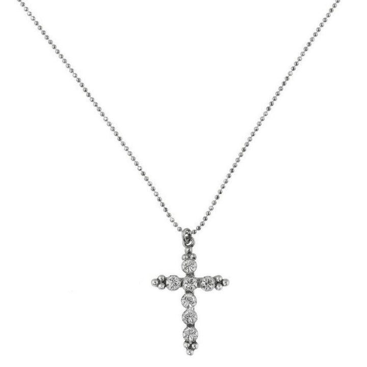 Elegant silver chain necklace featuring a small, sparkling cross pendant.