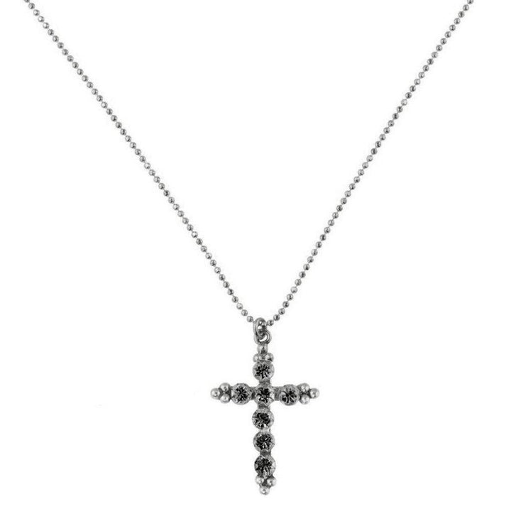 Silver cross pendant necklace with dark crystal accents on a ball chain.