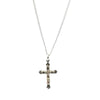 Silver cross pendant necklace with sparkling stones.
