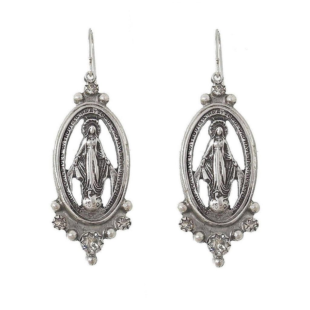Silver Madonna earrings with crystal accents, featuring an oval design and religious inscription.