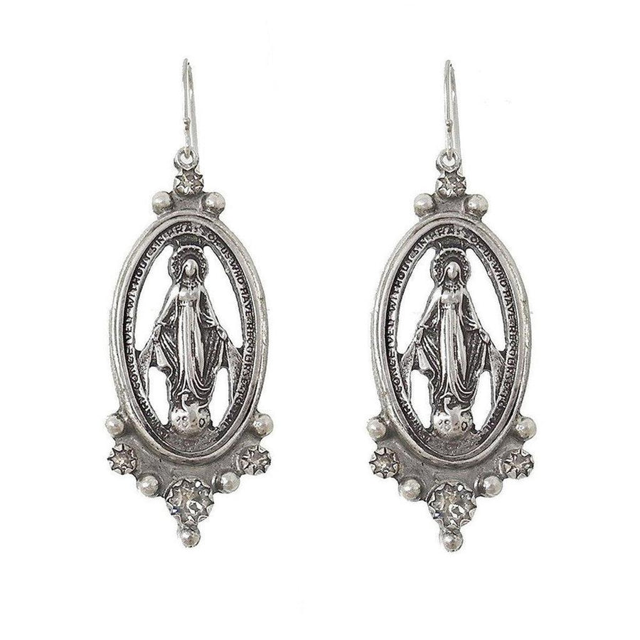 Silver Madonna earrings with crystal accents, featuring an oval design and religious inscription.