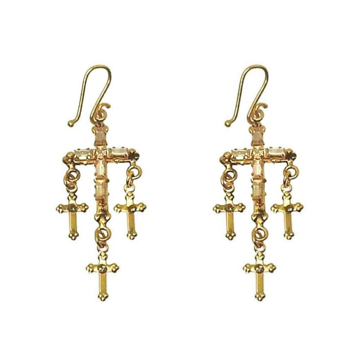 Gold cross earrings with dangling charms;  crystal accents.