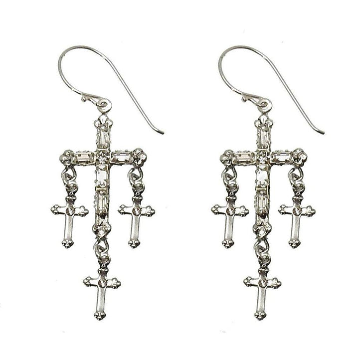 Silver Madonna Multi Cross earrings with baguette & round cubic zirconia.
