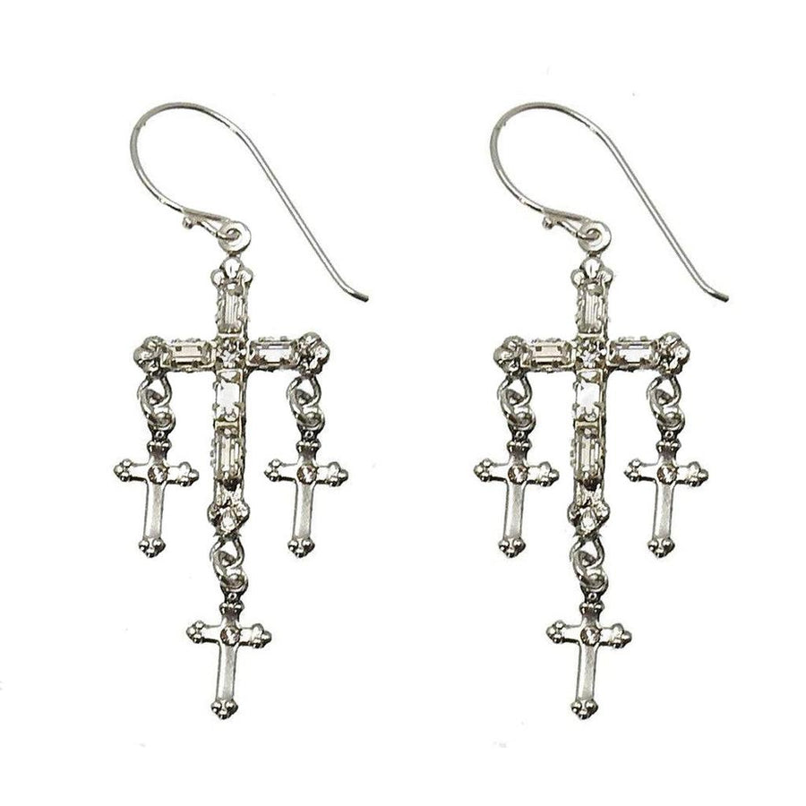 Silver Madonna Multi Cross earrings with baguette & round cubic zirconia.