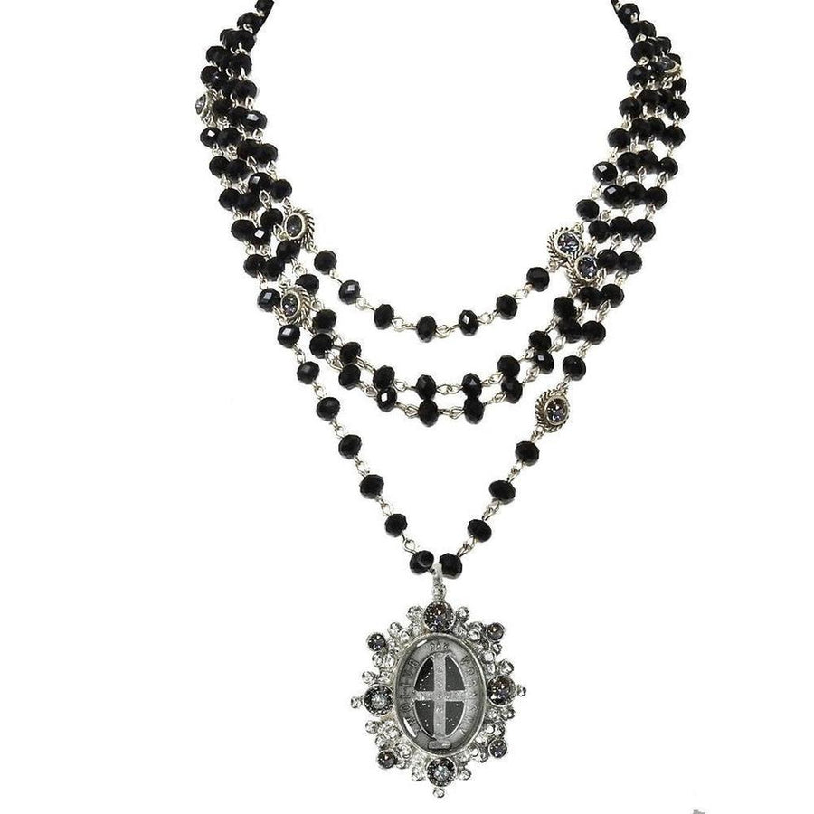 Magdalena 6mm Jet necklace: layered black beads, silver chain, & ornate pendant.