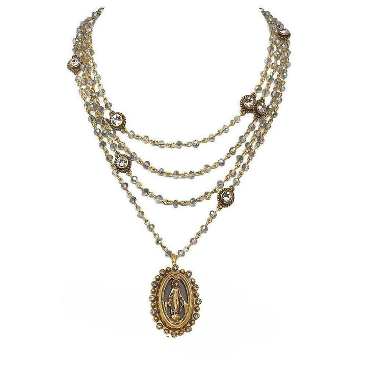 Multi-strand necklace featuring a Virgin Mary pendant, gold accents, and iridescent beads.