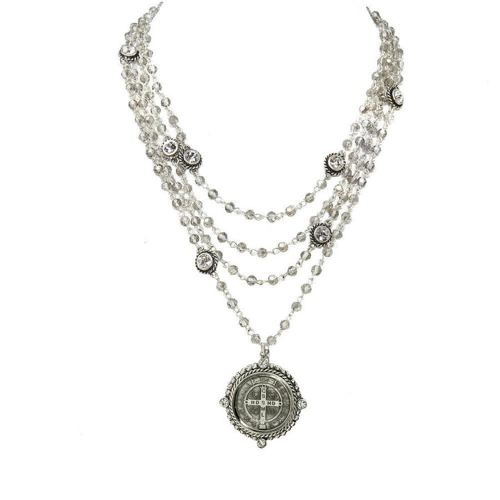 Magdalena in Silver Black Diamond necklace: multi-strand crystal beaded design with a St. Christopher medal pendant.