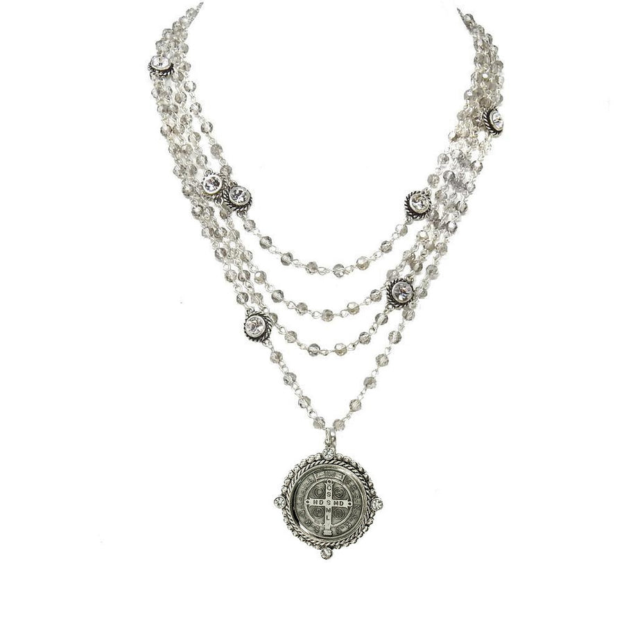 Magdalena in Silver Black Diamond necklace: multi-strand crystal beaded design with a St. Christopher medal pendant.