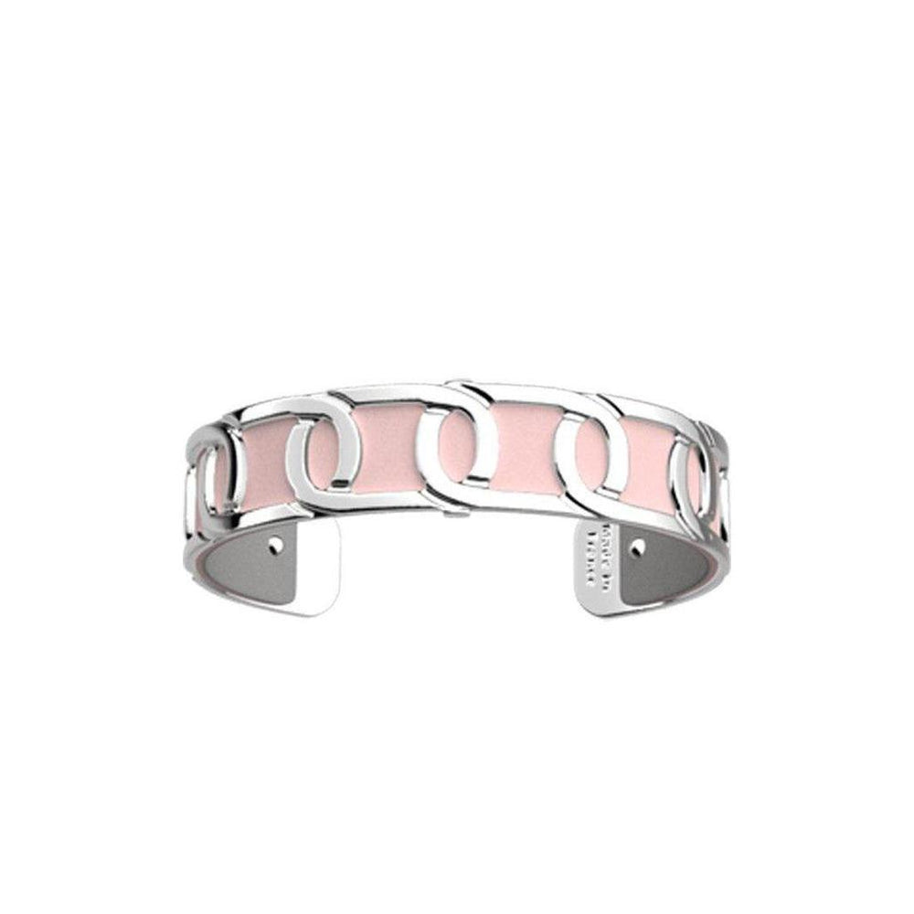 Silver cuff bracelet with pale pink leather inlay and link design.