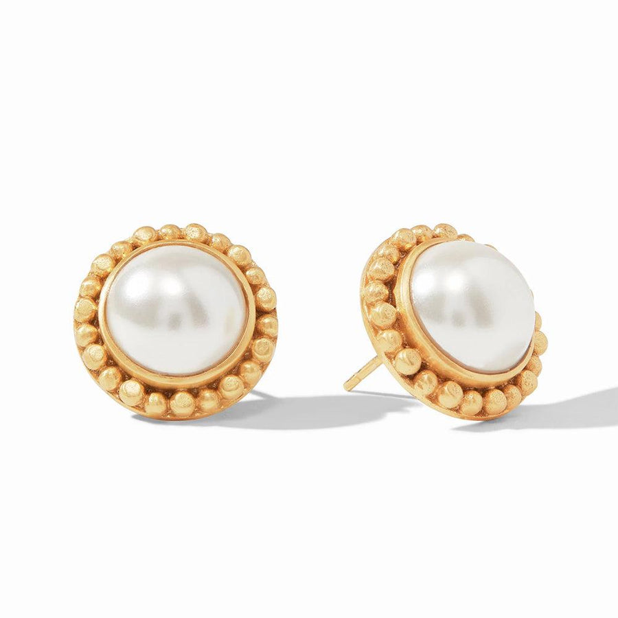 Marbella Pearl Stud Earrings: Gold-tone beaded setting, classic white pearls.