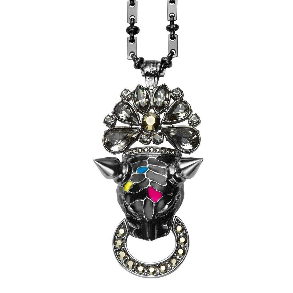 Black leopard pendant necklace with crystal embellishments and a bold design.