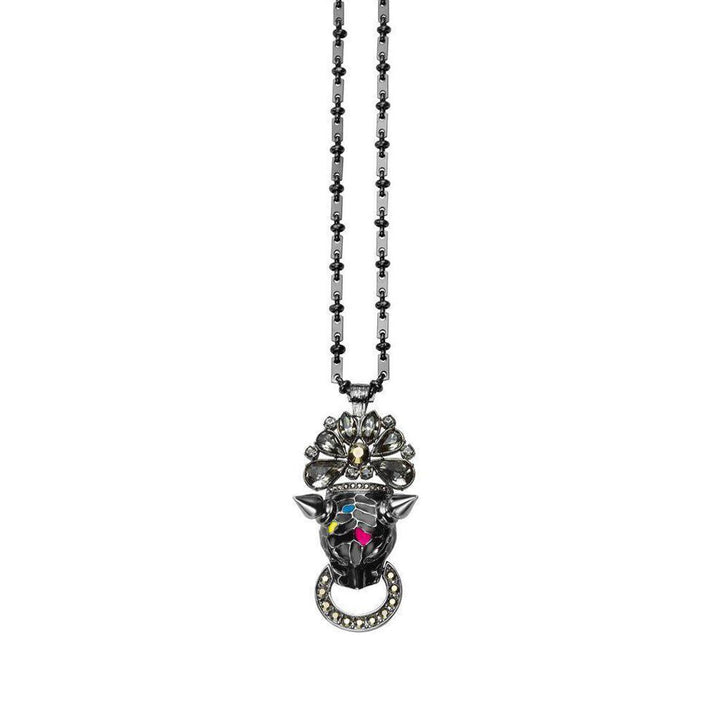 Mawi Black Leopard necklace: Gunmetal chain, black leopard pendant with crystal accents.