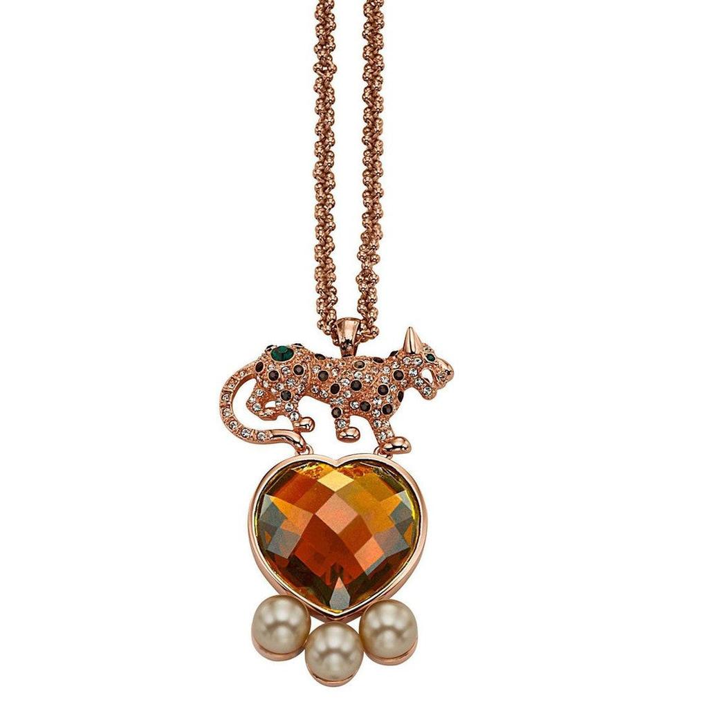 Rose gold necklace featuring a jeweled leopard charm and amber heart pendant.