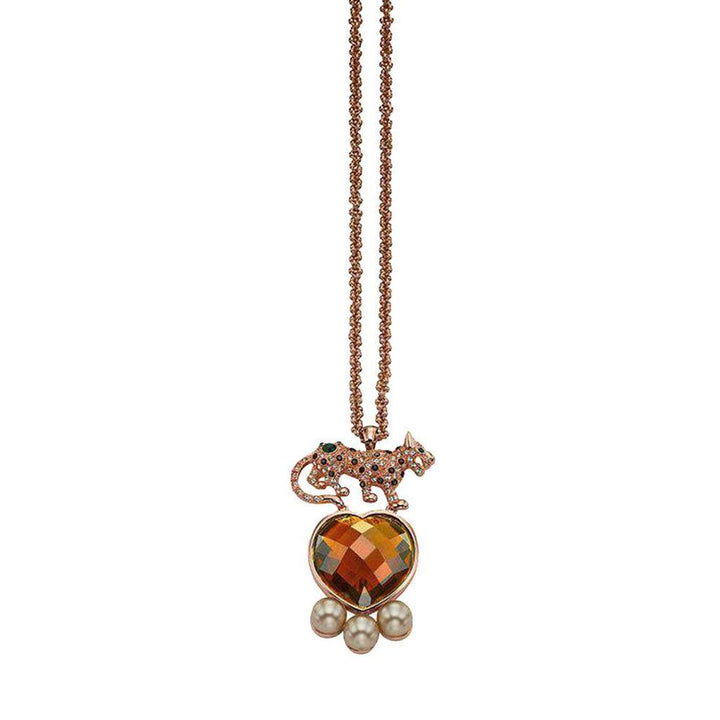 Mawi Leopard necklace: Rose gold chain, jeweled leopard pendant, heart-shaped gemstone, and pearl accents.