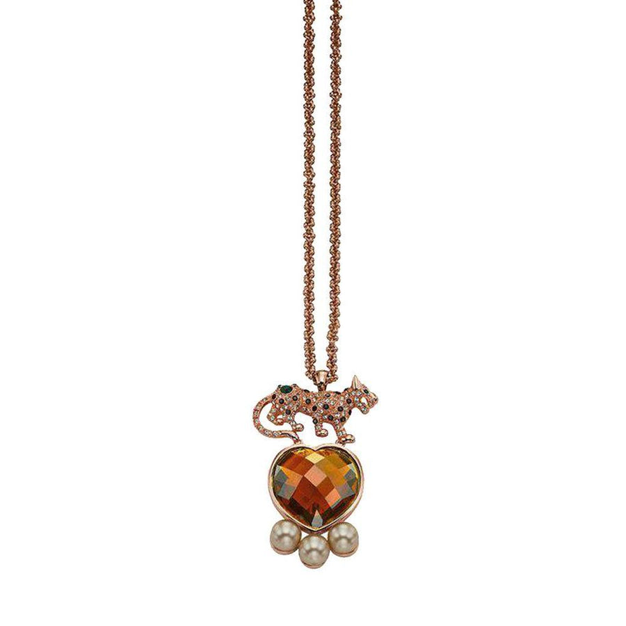 Mawi Leopard necklace: Rose gold chain, jeweled leopard pendant, heart-shaped gemstone, and pearl accents.