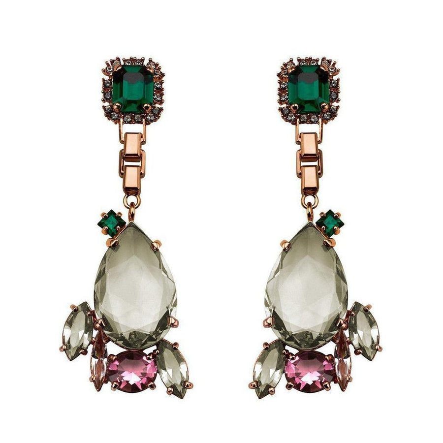 Mawi Statement Earrings in Rose: Rose gold, green & grey crystal statement earrings.