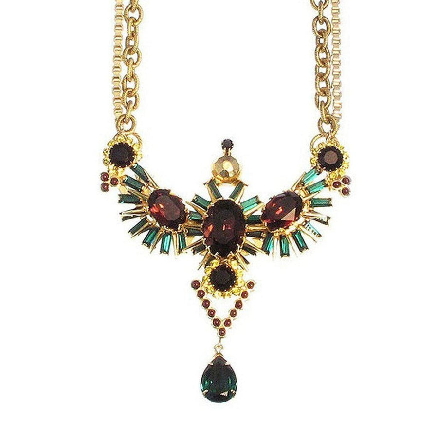 McPherson gold necklace with burgundy & green jeweled pendant