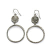 Silver Menina Hook Earrings with textured circular hoops and detailed coin accents.