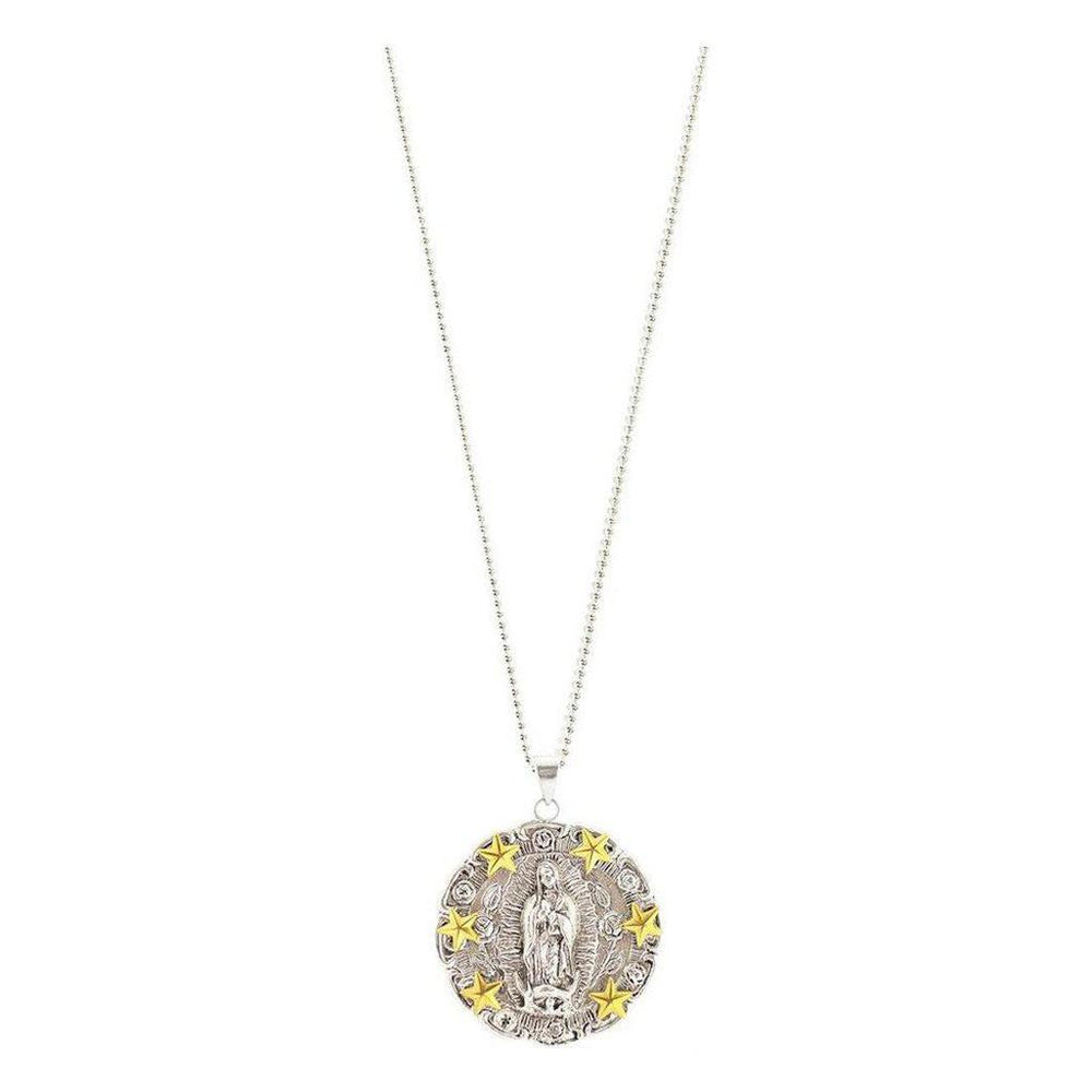 Silver Guadalupe pendant necklace with gold stars, on a ball chain.