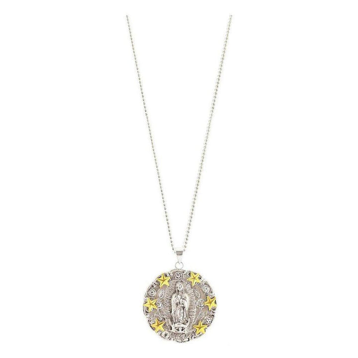 Silver Guadalupe pendant necklace with gold stars, on a ball chain.