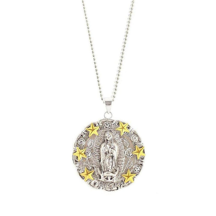 Mi Estrella Guadalupe necklace: silver & gold Virgin Mary pendant with stars, ball chain.