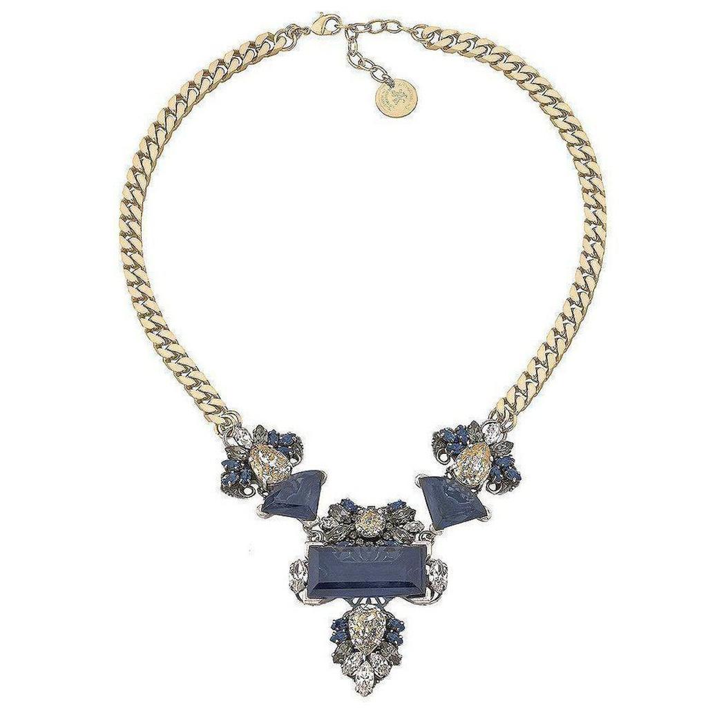 Midnight Blue Crystal Cluster Necklace: Statement gold chain, midnight blue & clear crystal embellishments.