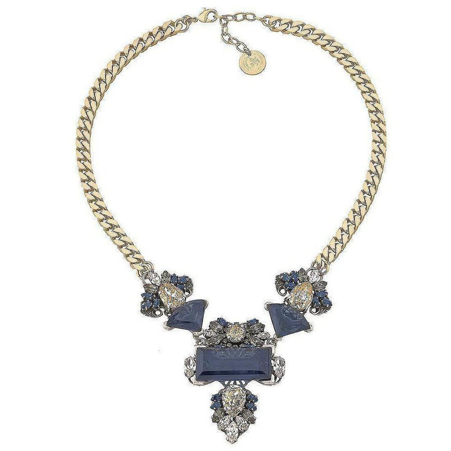 Midnight Blue Crystal Cluster Necklace: Statement gold chain, midnight blue & clear crystal embellishments.