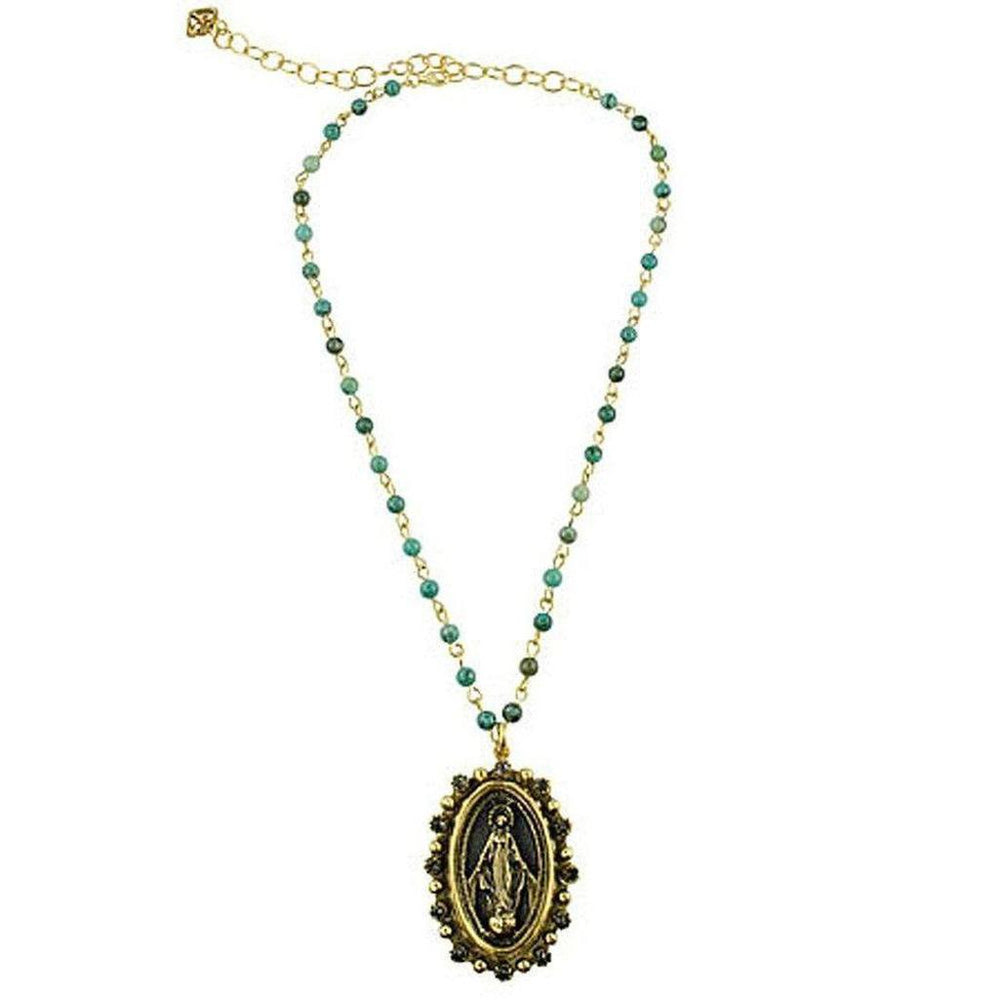Gold chain choker necklace featuring a Virgin Mary pendant and turquoise beads.
