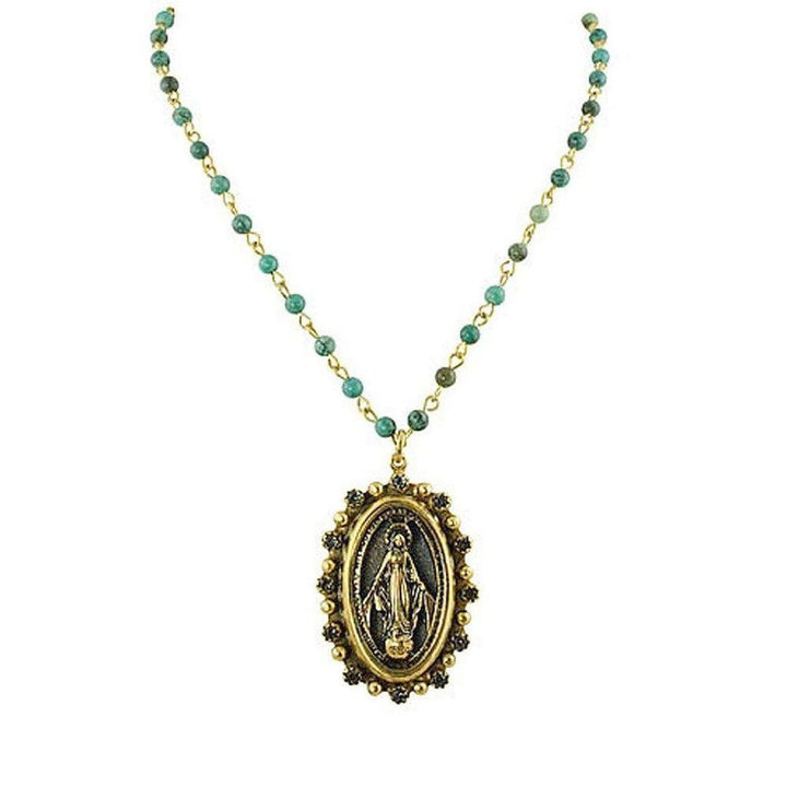 Milagrosa Crystal Choker: Gold oval Virgin Mary pendant necklace with turquoise beads.