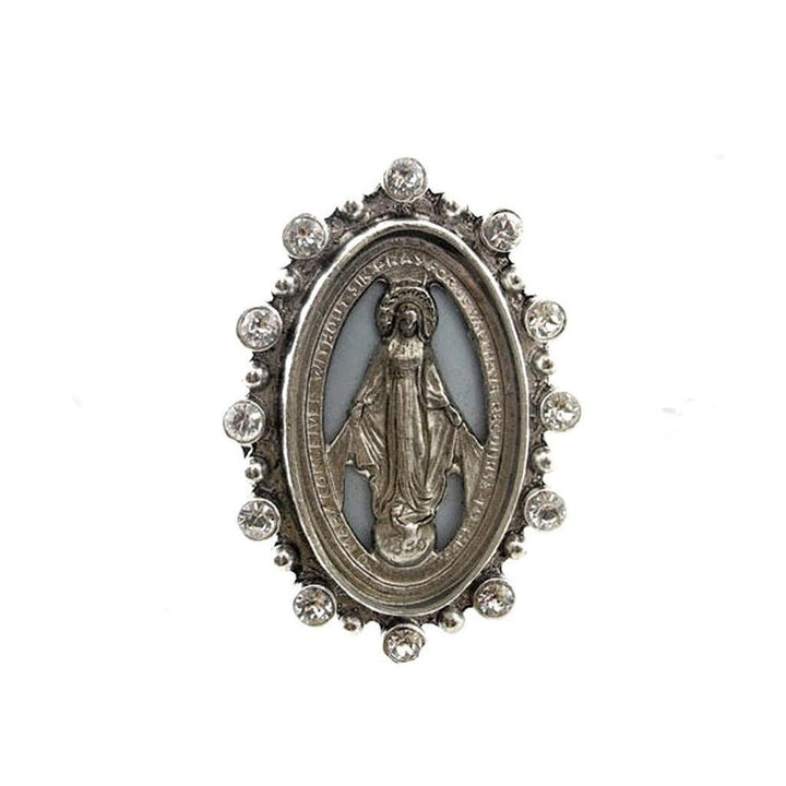 Milagrosa Silver Ring, size 9, features clear crystal accents & Virgin Mary oval medallion.