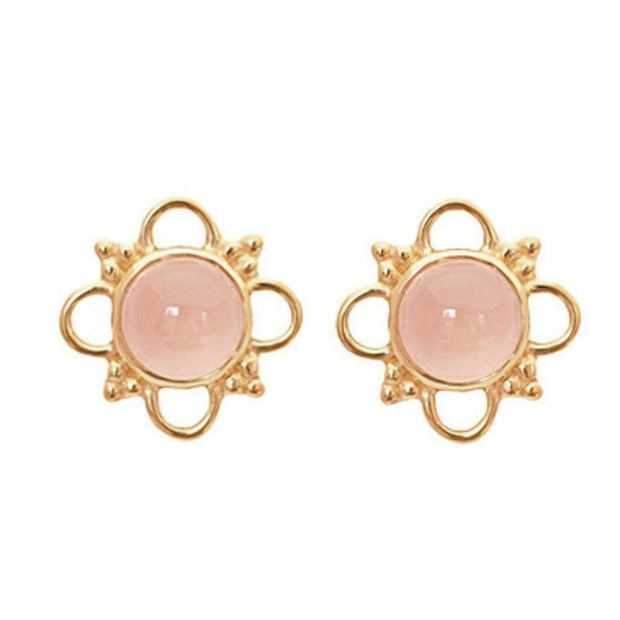 Milan Pink Chalcedony earrings: delicate gold flower setting, pale pink stones.
