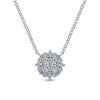 Milgrain diamond pendant necklace with a square-cut cluster of diamonds in a floral setting.