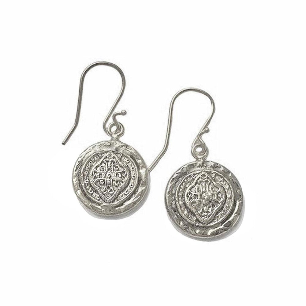 Silver drop earrings with textured coin-shaped charms featuring ornate detailing.