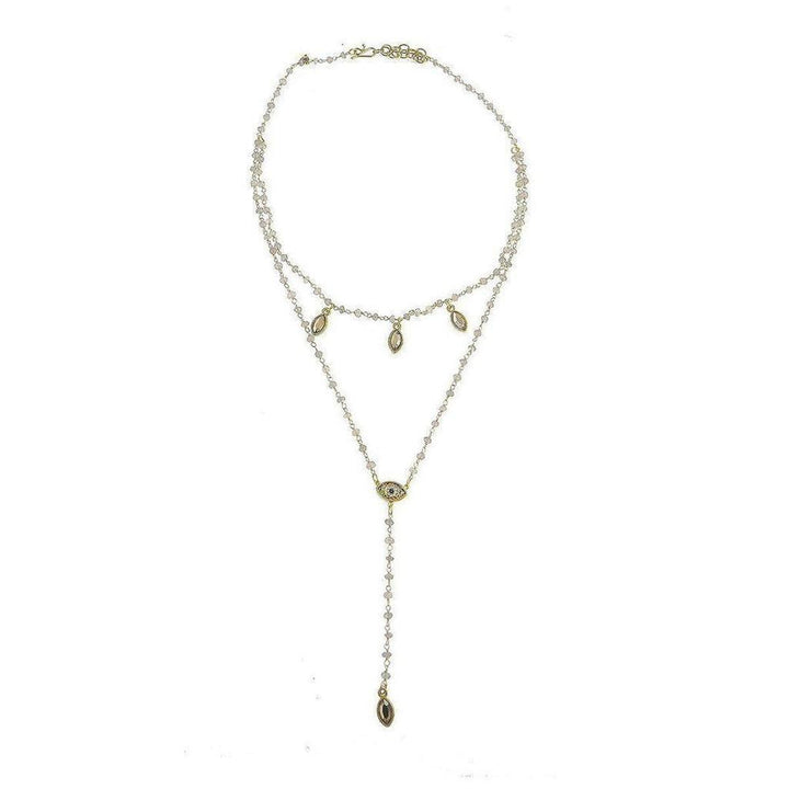 Delicate layered necklace featuring an evil eye charm and rose quartz beads.