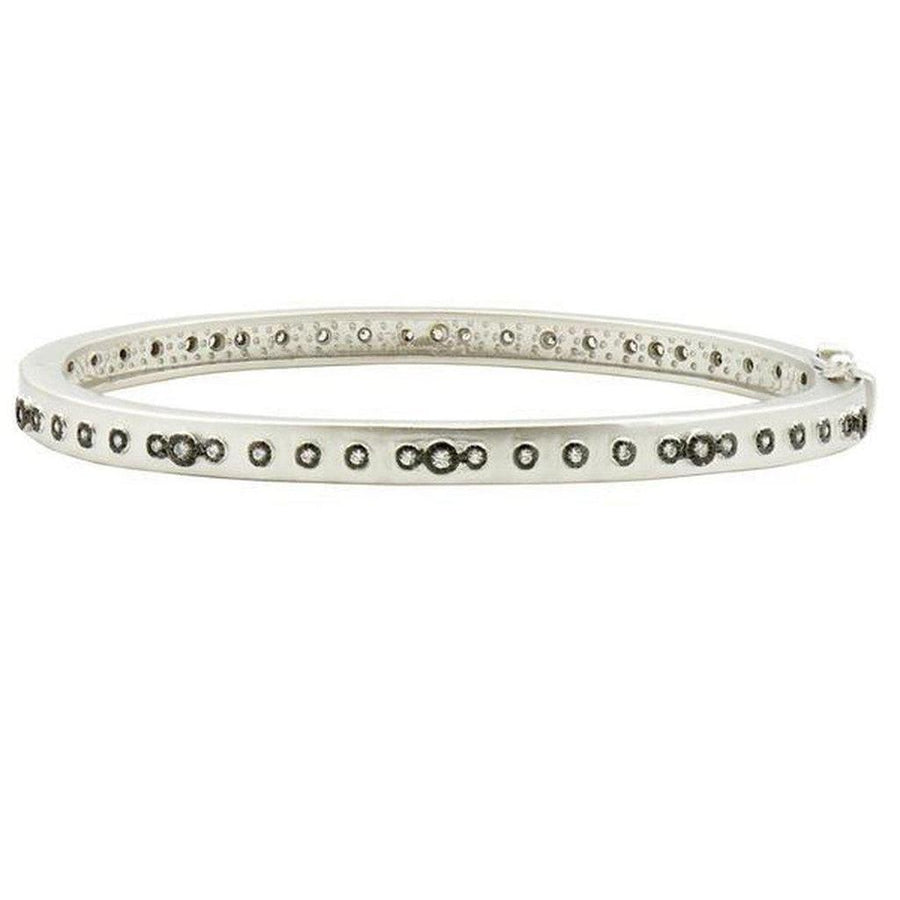 Mini Stud Bezel Stone Hinged Bangle: Silver hinged bangle with pave diamonds and bezel-set stones.