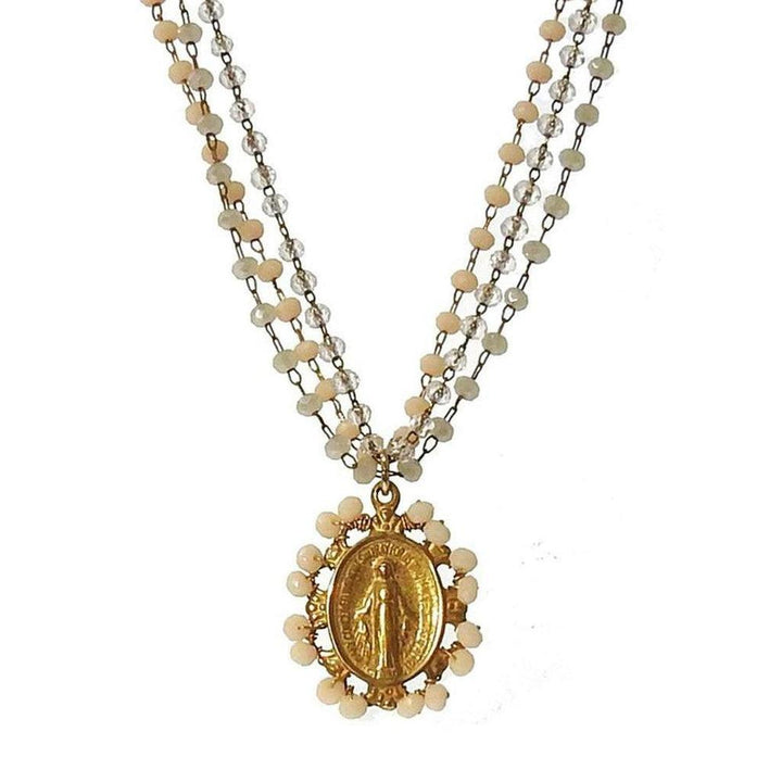 Gold Miraculous Medal necklace with cream and clear beaded chain