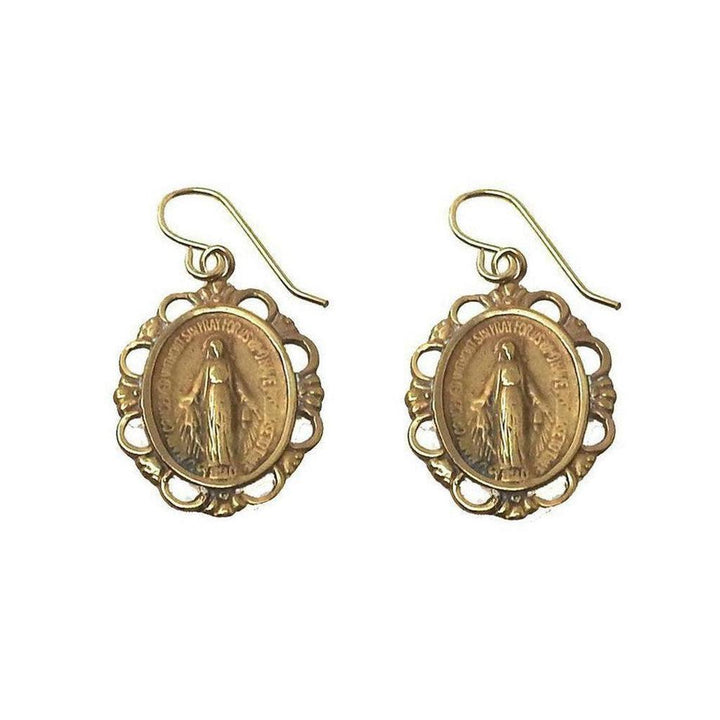 Gold Miraculous Medal earrings with ornate detail.