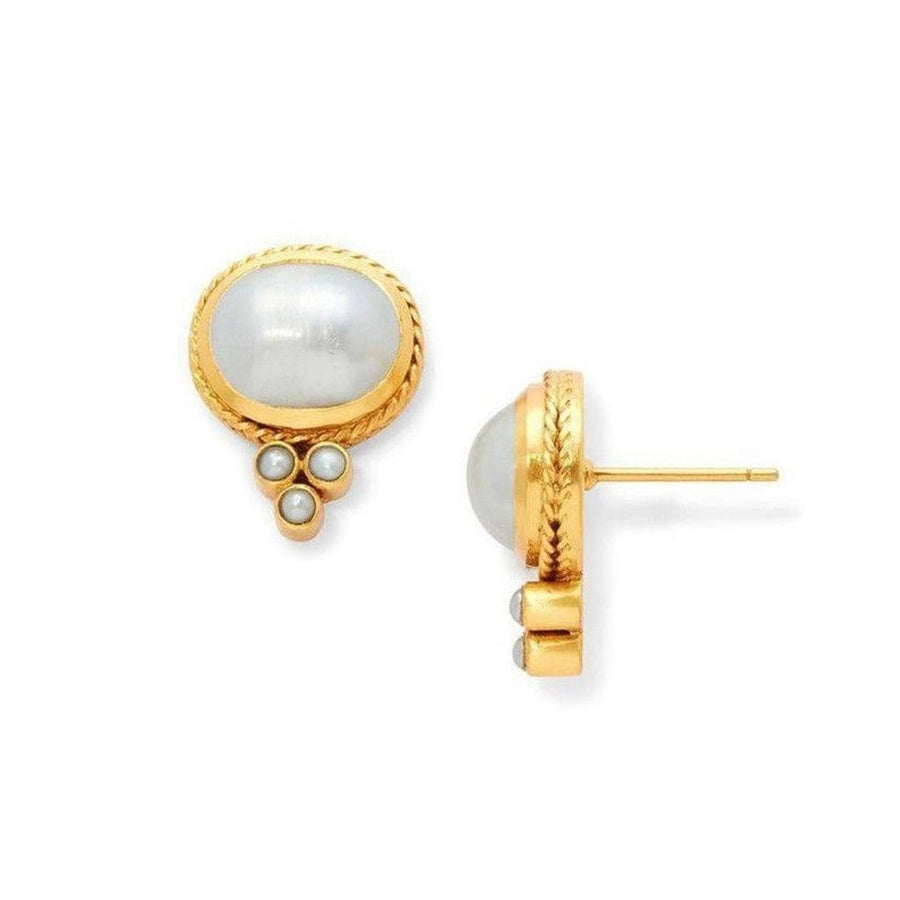 Mirren gold stud earrings with oval pearl and three smaller pearls