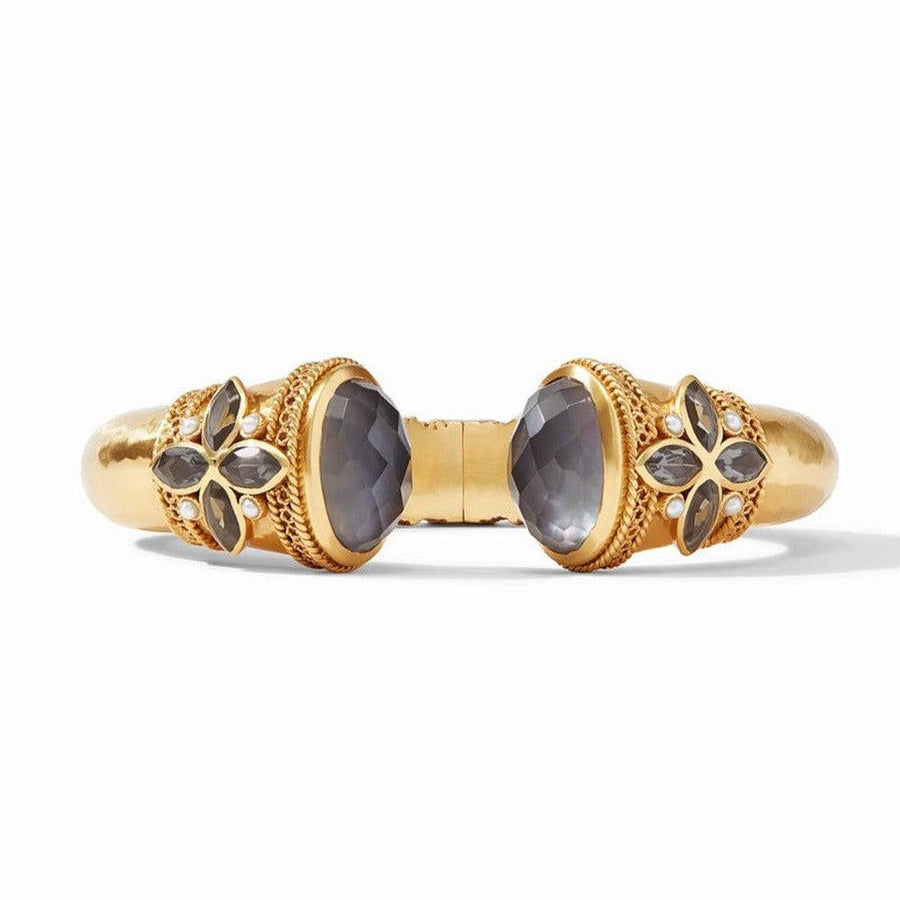Gold Monaco Statement Hinge Cuff bracelet with gray stones and pearl accents.
