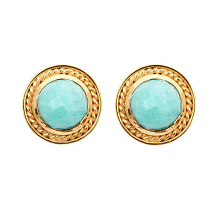 Gold stud earrings featuring faceted amazonite gemstones.