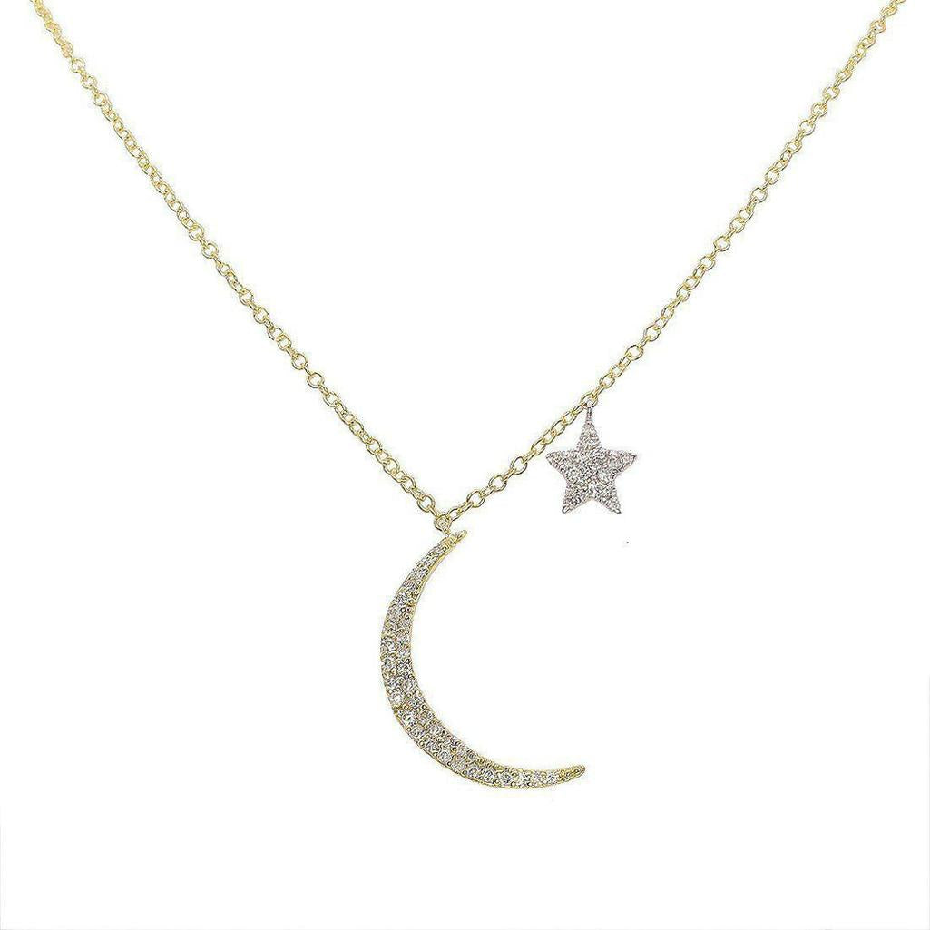 Diamond Moon & Star necklace: crescent moon and star pendant with gold chain.