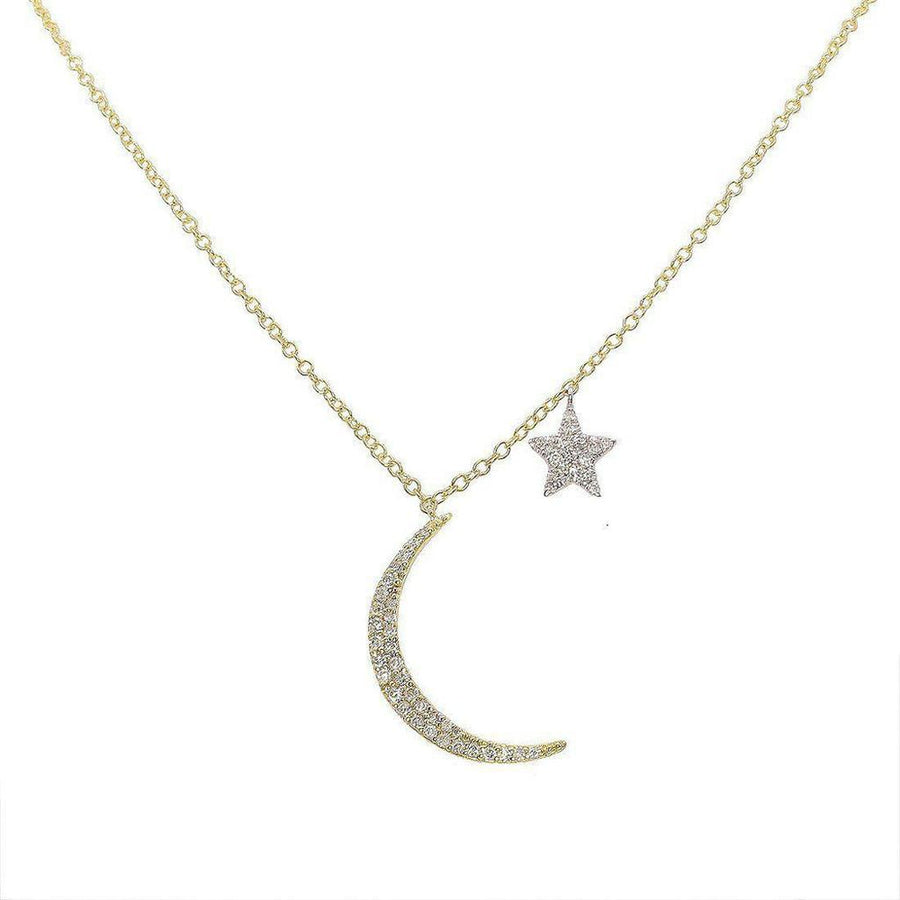 Diamond Moon & Star necklace: crescent moon and star pendant with gold chain.